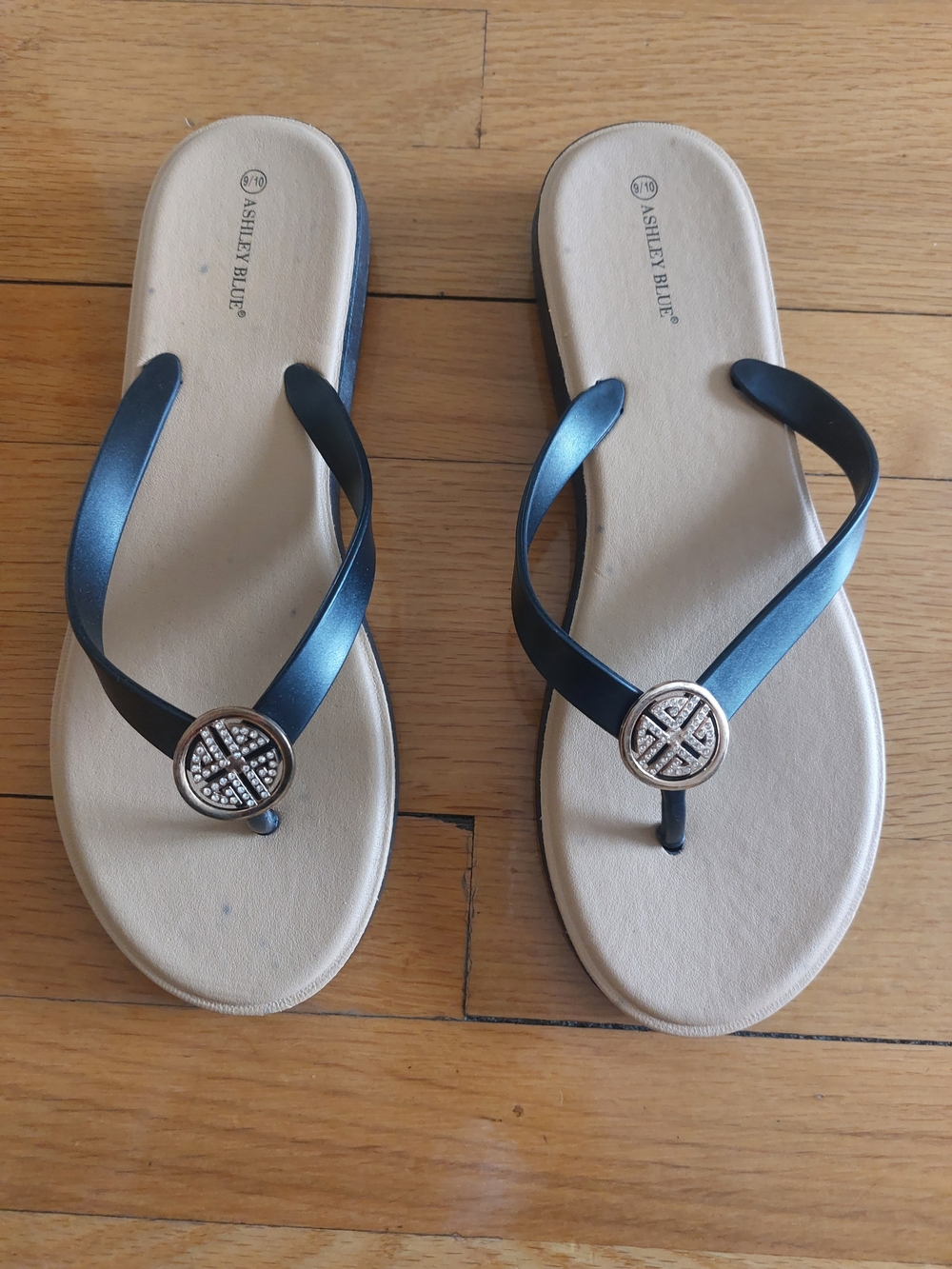 Ashley Blue Metallic Black Thong Sandals with Crystal Medallion